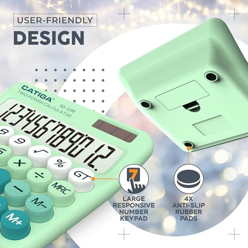 CATIGA Mechanical Switch Calculator with Solar and Battery Dual Power, 12-Digit Large LCD Display, Aesthetic and Cute Desktop Calculator with Big Button, for Home, School and Office Use, SD-1299 - color: Z) Mint Green