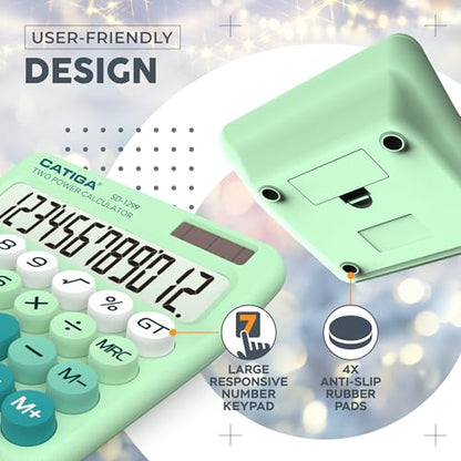 CATIGA Mechanical Switch Calculator with Solar and Battery Dual Power, 12-Digit Large LCD Display, Aesthetic and Cute Desktop Calculator with Big Button, for Home, School and Office Use, SD-1299 - color: Z) Mint Green