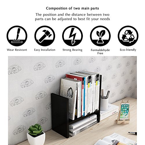 Jerry & Maggie Desktop Organizer Office Storage Rack Adjustable Wood Display Shelf Free Style Double H, Multi-Functional Mini Bookshelf for Desk Natural Stand (Black) - color: Black