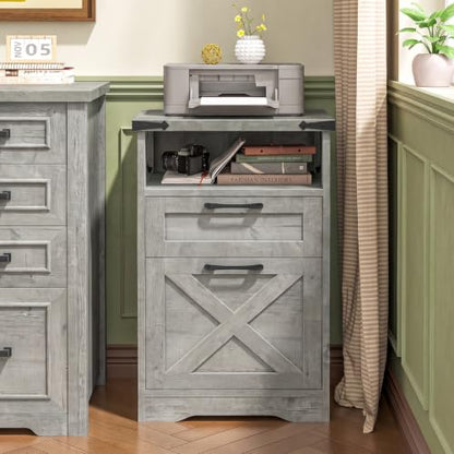 Halitaa Office Filing Vertical Cabinet with 2 Drawers, Grey | Farmhouse Filing Cabinet with Open Storage Space and Printer Stand for Hanging Files Letter/A4 for Home Office - color: Grey, style: Vertical