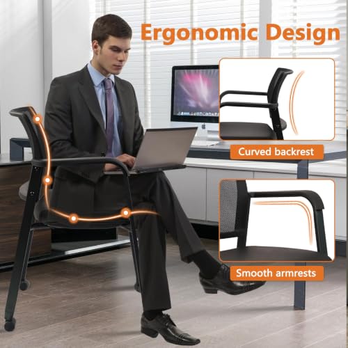 CLATINA Stacking Office Chair with Wheels, Mesh Back Waiting Room Guest Chairs with Arms Comfortable Leather Cushion Stackable Desk Chair for Conference Reception School, Black, 8 PK
