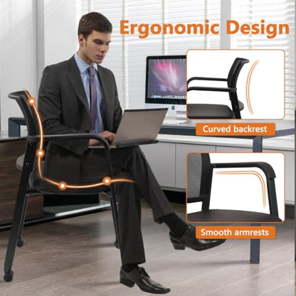 CLATINA Stacking Office Chair with Wheels, Mesh Back Waiting Room Guest Chairs with Arms Comfortable Leather Cushion Stackable Desk Chair for Conference Reception School, Black, 8 PK
