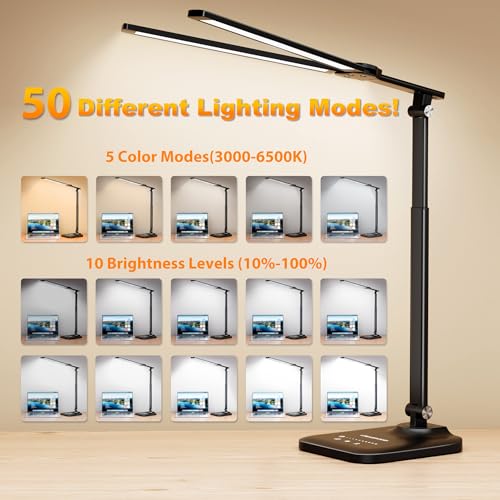 LED Desk Lamp for Office Home, Height Adjustable Architect Desk Light with USB Adapter, Stepless Dimming Desk Lamp Light for Reading, Study, Workbench - color: Black