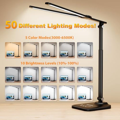 LED Desk Lamp for Office Home, Height Adjustable Architect Desk Light with USB Adapter, Stepless Dimming Desk Lamp Light for Reading, Study, Workbench - color: Black