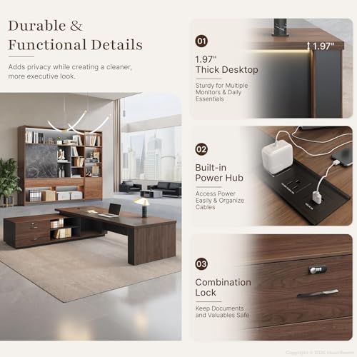 95" Reversible L-Shaped Executive Desk for CEO's Office - color: Red Walnut+graphite Gray, size: 95"L x 71"W
