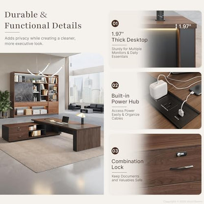 95" Reversible L-Shaped Executive Desk for CEO's Office - color: Red Walnut+graphite Gray, size: 95"L x 71"W