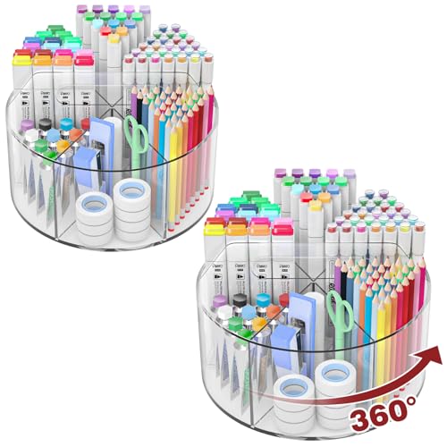 500 PCS Acrylic Pencil Holder, 360 Rotating Clear Marker Organizer, Pen Crayon Marker Caddy Organizer for Desk, Desktop Storage and Organizer for Office School Art Supplies, 2 Pack - color: Clear - Large - 2 Pack - With Handle