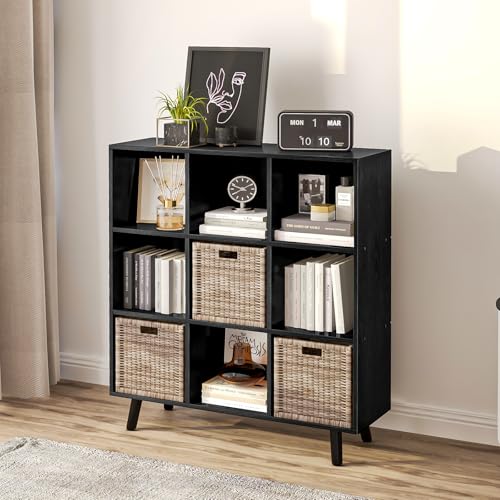 9-Cube Open Shelf Bookcase - 3-Tier Wooden Floor-Standing Bookshelf with Legs and Backpanel, Ideal for 11-inch Fabric Storage Bins and Miscellaneous Organizer, Black - color: Black, size: 9-Cube