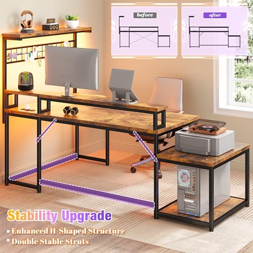 EnHomee 63" L Shaped Gaming Desk with LED Lights & Power Outlets,Brown - color: Rustic Brown, size: 63"W