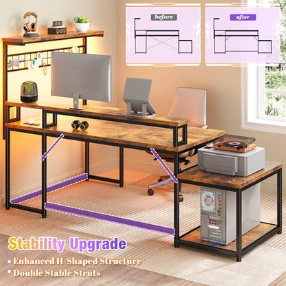 EnHomee 63" L Shaped Gaming Desk with LED Lights & Power Outlets,Brown - color: Rustic Brown, size: 63"W