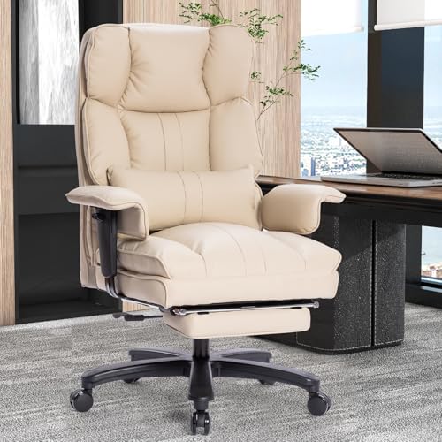Big and Tall Office Chair with Foot Rest,Heavy Duty Office Chair(Beige) | PU Leather High Back Wide Desk Chair, Comfortable Executive Office Chair,135° Reclining, Adjustable Padded Armrests - color: Beige
