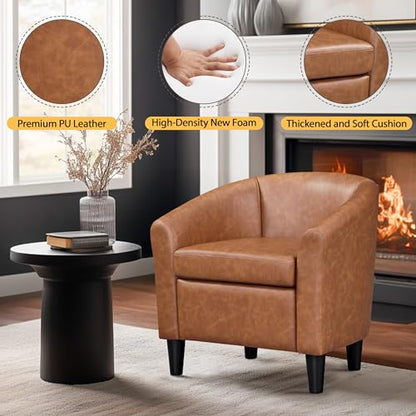 Topeakmart Faux Leather Accent Chair, 300 lb Cap, Brown | PU Leather Barrel Chairs, U-shaped Backrest, Foam Seat, 18" Seat Height, Solid Wood Legs - color: Brown, size: Set of 1