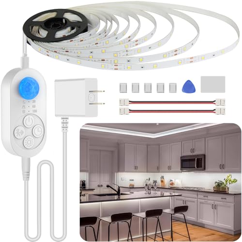 Motion Sensor Under Cabinet Lights Plug-in LED Strip Lights Indoor Cold White 6000K Super Bright 2000lm with 12V Adapter, Dimmer and Timer for Kitchen Cabinet, Shelf, Wardrobe, Stairway… - size: 16.4FT 1 PACK