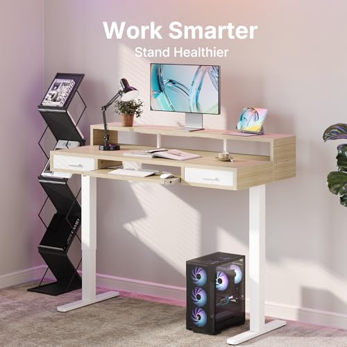HUANUO 63″ x 26″ Electric Standing Desk with 2 Drawers &24.4″ Large Keyboard Tray, C-Clamp Mount Compatible, Adjustable Computer Desk for Office, Sit Stand Up Desk with 4 Height Presets, Light Walnut - color: Light Walnut, size: 63*26 inch