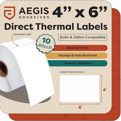 Aegis Adhesives - 4" X 6" Direct Thermal Labels (2500 Count, 10 Rolls) - Printable Postage Shipping Labels for Packages and Returns - Compatible with Zebra and Rollo Printers | Postage Shipping Labels for Packages and Returns - Compatible With Zebra and R
