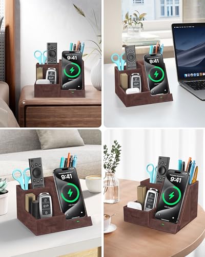 Wireless Charger with Desk Organizer, 3 Compartments and 1 Phone Stand - color: Dark Brown