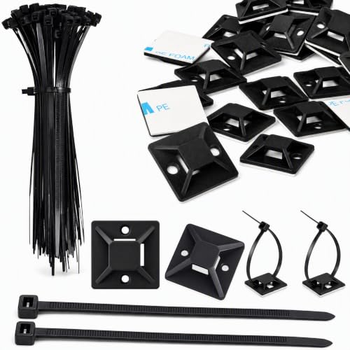 100 Pack Cable Tie Mounts, Self Adhesive Zip Tie Mount with 6 Inch Ties - color: Black