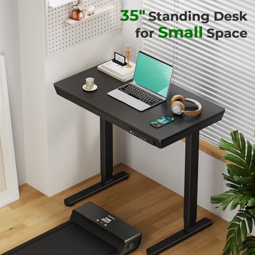 35" Electric Standing Desk with Drawer, 4 Lockable Wheels - color: Black Wood-top, size: 35"