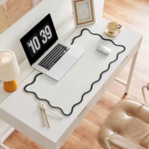 Scalloped Desk Mat, 31.5" x 15.7", PU Leather, Waterproof Anti-Slip, Cute Aesthetic Desk Pad for Office/Home/Game/Vanity (Black, 31.5" x 15.7") - color: Black