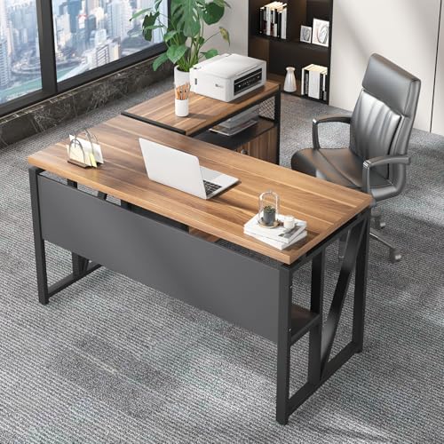 Tribesigns 55" Executive Desk with Reversible File Cabinet, Large L-Shaped Office Desk with Drawers, Business Furniture Workstation for Home Office (Dark Walnut, 55-inch) - color: Dark Walnut