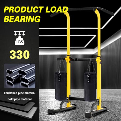 soges Power Tower Pull Up Bar Station, Free Standing Pull Up Rack Dip Station for Home Gym, Height Adjustable Home Strength Training Fitness Workout Equipment - color: Yellow