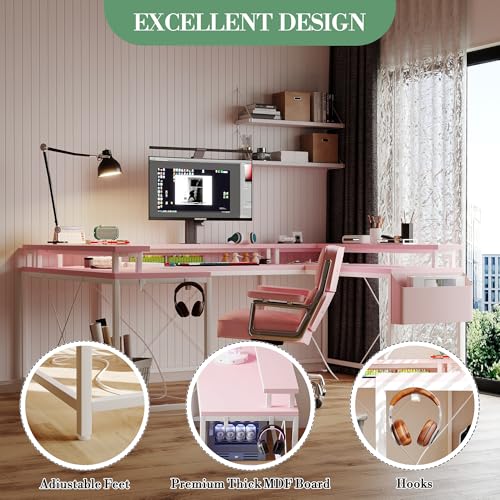 IDEALHOUSE U Shaped Home Office Desk, Reversible L Shaped Gaming Computer Desk with Power Outlets,126 Inch Computer Desk with Monitor Stand and LED Lights,Storage Shelves,Storage Bag and Hooks（Pink） - color: Pink