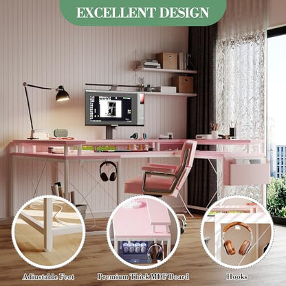 IDEALHOUSE U Shaped Home Office Desk, Reversible L Shaped Gaming Computer Desk with Power Outlets,126 Inch Computer Desk with Monitor Stand and LED Lights,Storage Shelves,Storage Bag and Hooks（Pink） - color: Pink