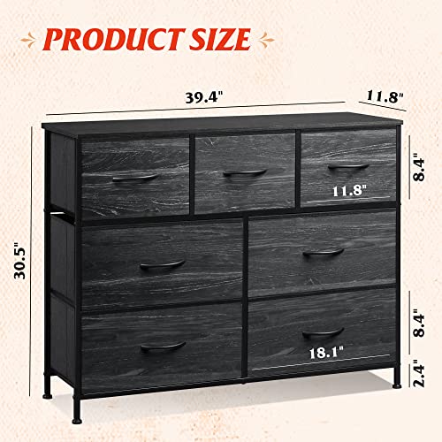 WLIVE 7 Drawer Dresser TV Stand, Entertainment Center, Media Console Table with Metal Frame and Wood Top for TV up to 45 inch, Chest of Drawers for Bedroom, Charcoal Black Wood Grain Print - color: Charcoal Black Wood Grain Print