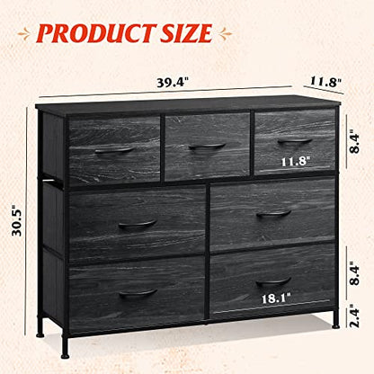 WLIVE 7 Drawer Dresser TV Stand, Entertainment Center, Media Console Table with Metal Frame and Wood Top for TV up to 45 inch, Chest of Drawers for Bedroom, Charcoal Black Wood Grain Print - color: Charcoal Black Wood Grain Print