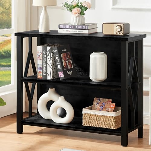 HOMISSUE Bookshelf, 3-Tier Rustic Short Bookshelf, Industrial Shelf Bookcase with Engineered Wood Shelves, Low Bookcase with Storage, Small Shelf for Living Room, Bedroom and Office, Black - color: Black, size: 3-tier (35.4"W x 30.9"H x 12.6''D)