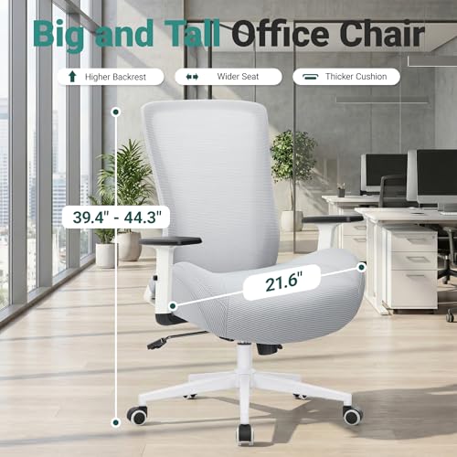 Big and Tall Home Office Desk Chair 400lb Capacity for Heavy People, Ergonomic Wide Mesh Desk Chair with Stepless Recline & Lock, 5.5" Thick Cushion, High Back, Adjustable Height & Armrests - color: White