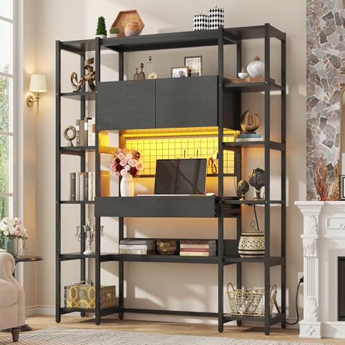 5 Tiers Industrial Bookshelf, 70.87" Tall Bookshelves, Bookcase with 2 Doors, 12 Open Shelves, Drawer, Storage Cabinet, LED Light and Power Outlets for Living Room or Home Office, Black - color: Black