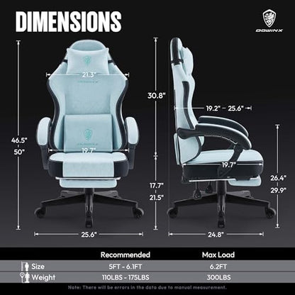 Dowinx Gaming Chair Fabric with Pocket Spring Cushion, High Back Ergonomic Computer Chair with Footrest for Adults, Massage Lumbar Support Swivel Game Chair for Office Gaming 300LBS, Cyan - color: Cyan