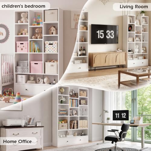 PUKAMI 65" Tall Bookshelf with Drawers, 4-Tier Open Display Bookcase with 11 Storage Cubes, Modern Freestanding Organizer for Living Room Home Office, White - color: White