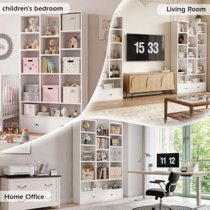 PUKAMI 65" Tall Bookshelf with Drawers, 4-Tier Open Display Bookcase with 11 Storage Cubes, Modern Freestanding Organizer for Living Room Home Office, White - color: White