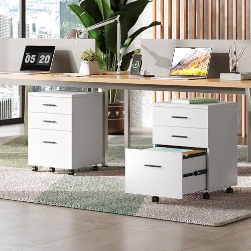 DEVAISE 3 Drawer File Cabinet for Home Office, Wood Under Desk Filing Cabinet, Rolling Printer Stand with Wheels, White - color: White, size: 15.7"D x 18.1"W x 25.6"H