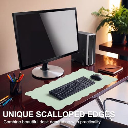 Tellegloww Scalloped Desk Mat Leather Desk Pad Protector Non-Slip PU Leather Table Protector Waterproof Mouse Pad Keyboard Mat Curly Mousepad PC Accessories Gift for Office Home (Sage Green)