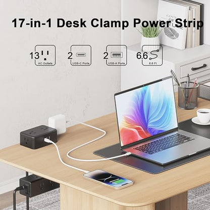 Fafeicy Dual Layer Desk Clamp Power Strip 13 AC Outlets 4 USB Ports 1500W with 2m Cord Clamp On Desktop for Home Office Organization (US Plug)