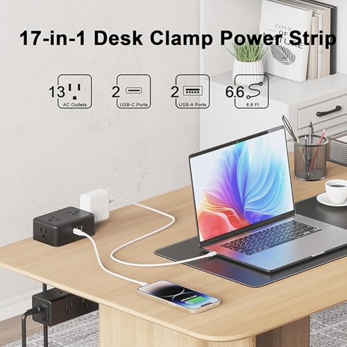 Eujgoov Desk Clamp Power Strip, 17 in 1 Charging Station with 13 AC Outlets 4 USB Ports 20W Fast Charging, Protector for Home Office, Fits Table Thickness Up to 45mm (US Plug)