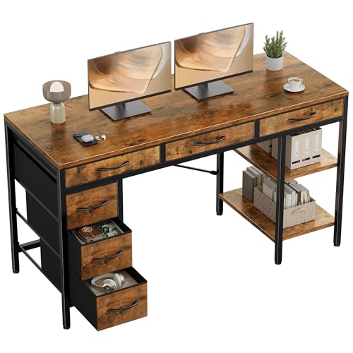 Sweetcrispy 55" Computer Desk with 6 Fabric Drawers & Storage Shelves | Reversible Gaming Desk, Office Desk, Computer Workstation, Corner Desk with Storage, Home Office, Living Room,Rustic Brown - color: Rustic Brown, size: 54.9 Inches