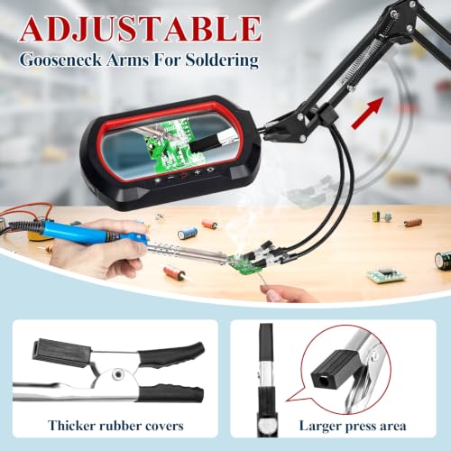12X Square Magnifying Glass with Light and Clamp, Solder Helping Hand | Workbench Lighted Magnifier, 3-Section Swing Arm, 5 Colors Stepless Dimmable LED Desk Lamp with Stand for Hobby Repair Craft - color: Red, size: 12X