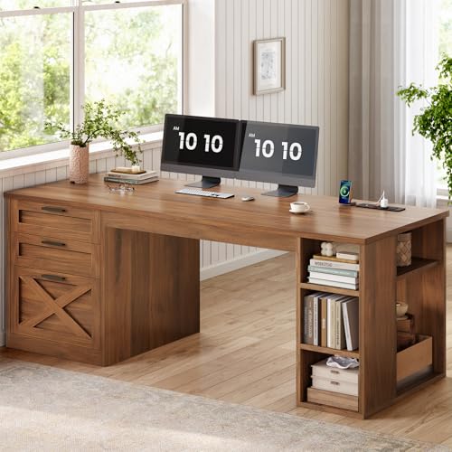 SEDETA 55.1" Farmhouse Executive Office Desk with 3 Drawers for Home Office | Executive Computer Desk with File Drawer & Storage Shelves, Home Office Desk with Power Outlet for Home Office,Brown - color: Brown, size: Executive Office Desk(55")