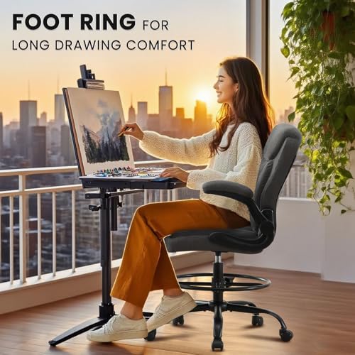 MAHOMICO Drafting Chair for Standing Desk – Tall Office Chair with Adjustable Height & Foot Ring, Flip-Up Arms, Lumbar Support – Comfortable Fabric Seat, Ideal Home Desk Chair - color: Grey