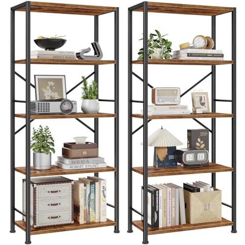 Furologee 5 Tier Book Shelf Set of 2, Tall Wide Bookshelf, Industrial Open Bookcase, Display Shelves Storage Organizer, Shelving Unit for Living Room, Home Office, Bedroom, Rustic Brown - color: Rustic Brown, size: 5 Tier - 20"W-2 PCS