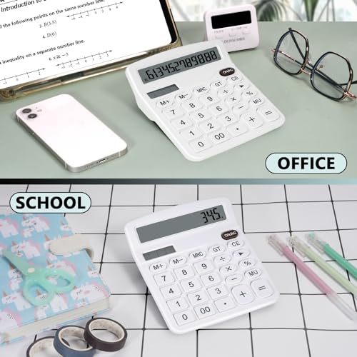 Cute White Desktop Calculator with Big Buttons, Dual Power Source | Solar and Battery, Large Display Screen - Perfect for Office, Teachers, and Students (White) - color: White