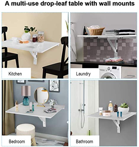 Wall Mounted Folding Table, 31.5’’ x 23.5’’ Wood Floating Desk for Laptop, Study & Dining in Balcony, Bedroom, Bathroom, Kitchen, Drop-Leaf Wall Desk Fold Down for Small Spaces (White)