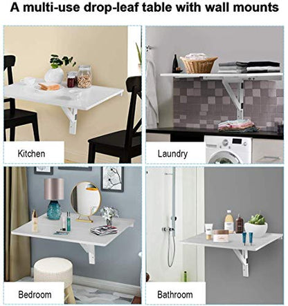 Wall Mounted Folding Table, 31.5’’ x 23.5’’ Wood Floating Desk for Laptop, Study & Dining in Balcony, Bedroom, Bathroom, Kitchen, Drop-Leaf Wall Desk Fold Down for Small Spaces (White)