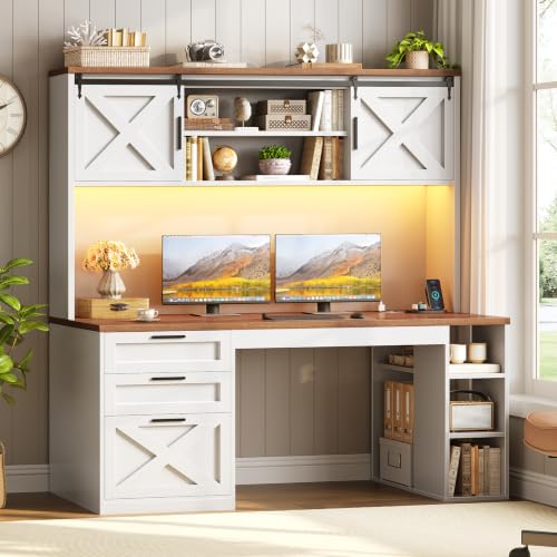 SEDETA 55.1" Farmhouse Desk with Hutch & 3 Storage Drawers - color: White and Brown, size: Desk with Hutch (55")