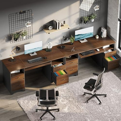 Bestier 59” Computer Desk with 4 Drawers, Office Desk with Storage, Industrial Executive Desk with File Drawer, Keyboard Tray & 2 Pedestals for Home Office & Studio, Cherry - color: Cherry
