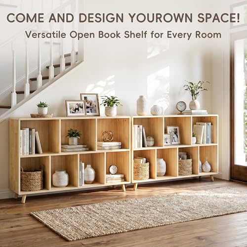YZU 7-Cube Wood Bookshelf, 2-Tier Storage Organizer with Legs | Easy Assembly, 45" Wide Wooden Open Cube Bookcase For Living Room, Bedroom, Home Office(Natural Wood) - color: Natural Wood B